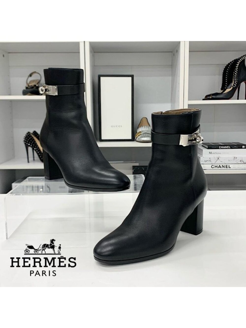 Hermes Saint Germain Kelly Leather Short Boots Black
